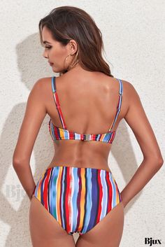 Bjux - Traje de baño bikini acolchado con estampado de rayas y diseño vibrante y diverso Striped Lined Swimwear For The Beach, Multicolor Lined Tankini For Vacation, Multicolor Lined Swimwear For Vacation, Striped Swimwear With Lined Body For Vacation, Striped Lined Swimwear For Beach, Multicolor Lined Swimwear For Beach Party, Multicolor Underwire Tankini For Beach, Multicolor Underwire Swimwear For Beach, Multicolor Lined Tankini For Beachwear