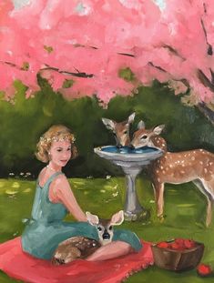 a painting of a woman sitting on a blanket next to a deer drinking water from a faucet