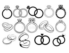 Set of wedding rings. Collection of engagement rings. Black white illustration of jewelry for a wedding. Ring logo stock illustration Drawing Of Wedding Rings, Two Rings Drawing, Engagement Rings Drawing, Ring Logo Design, Wedding Ring Logo