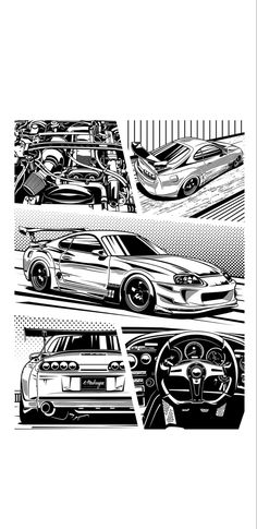 four different cars are shown in this black and white drawing, each with their own image