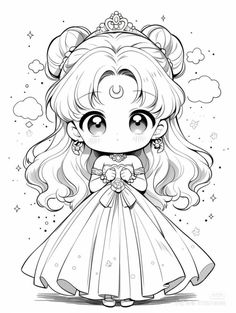 a cartoon girl with long hair and big eyes wearing a princess dress in the clouds