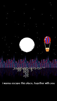 an old computer game with a hot air balloon flying over the city at night time