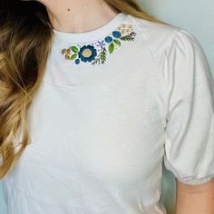 Affordable Cute T-shirt With Floral Embroidery, Cute Floral Embroidery Short Sleeve T-shirt, Casual T-shirt With Floral Embroidery For Gift, Floral Embroidered Summer T-shirt, White Floral Embroidered T-shirt, Diy Embroidery Shirt, Floral Embroidered Shirt, Embroidery Tshirt, Embroidered Collars