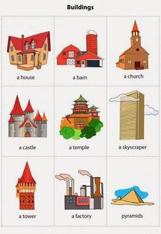 an image of different types of buildings in english and spanish language on a computer screen