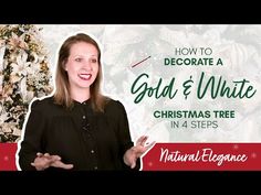 a woman standing in front of a christmas tree with the words how to decorate a god & white christmas tree in 4 steps