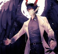 an anime character with horns on his head standing in front of a full moon and black wings