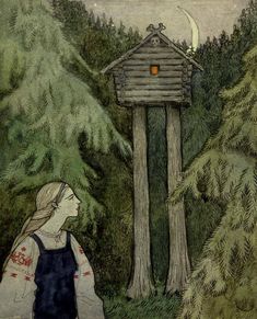 an illustration of a woman standing in front of a tree house with the moon above her head