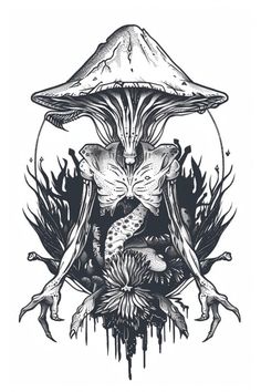 an ink drawing of a mushroom with two hands holding it's head and the other hand