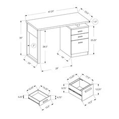 the drawing shows an office desk with drawers and two drawers, one drawer open to reveal a