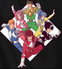 an anime poster with many different characters in the same group, including one woman and two men