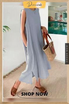 New Sleeveless Loose Dress Long Skirt Casual Non-stretch Sleeveless Beach Dress, Casual Sleeveless Shift Maxi Dress, Sleeveless Shift Maxi Dress For Spring, Spring Sleeveless Shift Maxi Dress, Casual Cotton Solid Color Sleeveless Dress, Casual Solid Color Sleeveless Cotton Dress, Casual Solid Color Cotton Sleeveless Dress, Casual Sleeveless Beach Dress, Sleeveless Solid Color Maxi Sundress