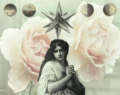 a woman standing in front of flowers with a star above her head