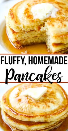 fluffy, homemade pancakes with butter on top and syrup on the bottom are shown in this collage