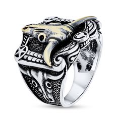 Increase the confidence level of your style when you wear this dashing oxidized bull skull ring for men. Created in sterling silver and brass This choice showcases a three-dimensional bull skull gleaming in brass at the center. Scrolling ribbons and spade and star-centred circle details shine along the ornate frame. Along the tapered shank, sculpted Buffalo ram skull designs atop textured background complete this western-style look. Oxidized details add depth and dimension to the design. Mens Silver Ring, Personalized Engraved Jewelry, Unique Mens Rings, Ram Skull, Skull Designs, Confidence Level, Brown Tiger, Brown Tiger Eye, Onyx Colour