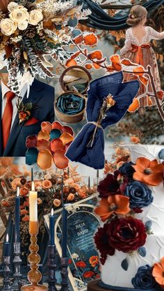 a collage of photos with flowers, candles and other things in the background that are orange and blue