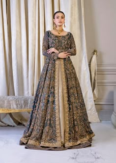 Pakistani Bridal Dress in Open Frock and Lehenga Style is a traditional masterpiece adorned with Intricate Embroidery, Sequins, and Motifs. Custom sizes. Frock And Lehenga, Pakistani Gowns, Makeup Tip, Asian Bridal Dresses