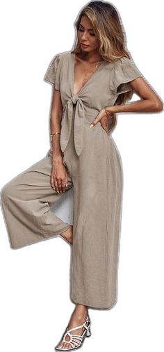 Summer V-neck Tie Back Jumpsuit, Summer V-neck Tie-back Jumpsuit, Summer V-neck Tie Back Jumpsuits And Rompers, Summer V-neck Tie-back Jumpsuits And Rompers, V-neck Tie Back Jumpsuit For Vacation, V-neck Tie-back Jumpsuits And Rompers For Vacation, V-neck Tie-back Jumpsuit For Vacation, Spring Linen V-neck Jumpsuit, Linen V-neck Jumpsuits And Rompers For Spring