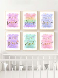 four colorful watercolor prints with the words you're loved, you're brave, you're kind of smart