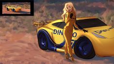 a woman standing next to a yellow sports car in the desert with an image of a racing driver behind her