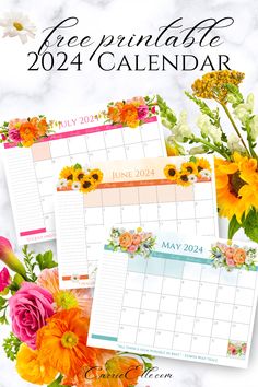 the free printable calendar is shown with flowers and leaves on it, including sunflowers