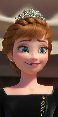 an animated character with blue eyes wearing a tiara