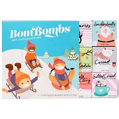 bon bonbs hot chocolate mix box with santa and snowman on skis in the background