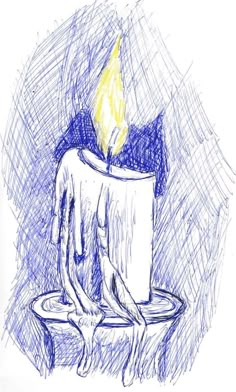 a drawing of a burning candle with hands on the side and one hand holding it