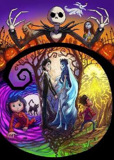 an image of halloween scene with jack skellingy, jack - o - lantern and other characters