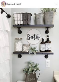 a bathroom with two shelves above the toilet and some plants on the shelf below it