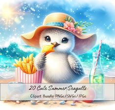 a cute little penguin wearing a sun hat and eating french fries