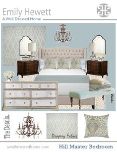 an advertisement for a bed and dressers in a bedroom with chandelier, mirror, lamps, and pillows