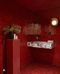 a bathroom with red tiles and a marble sink in the center, surrounded by potted plants