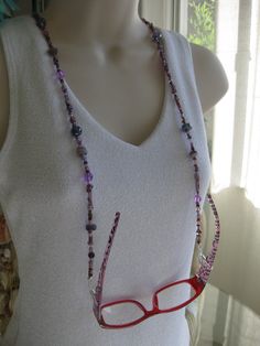 Purple Eyeglass Chain Purple Necklace Eyeglass by RalstonOriginals, $15.00 Purple Glass Glasses Chains As Gift, Adjustable Purple Glass Glasses Chains, Adjustable Purple Glass Beaded Necklaces, Handmade Purple Glass Beaded Necklaces, Purple Glass Beaded Chain Jewelry, Adjustable Glass Beaded Necklaces With Wire Wrapping, Adjustable Glass Beaded Necklace With Wire Wrapped, Beaded Glass Glasses Chains As Gift, Handmade Adjustable Glass Beaded Necklaces