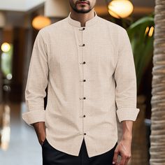 Season:Spring  Summer; Fabric:Cotton And Linen; Sleeve Length:Long Sleeve; Look After Me:Wet and Dry Cleaning,Washable; Gender:Men,Men's; Style:Comfortable,Fashion; Tops Type:Button Up Shirt,Linen Shirt,Casual Shirt,Shirt,Cotton Linen Shirt; Occasion:Streetwear,Casual,Daily,Holiday,Vacation; Pattern:Plain; Neckline:Mandarin Collar,Stand Collar; Listing Date:08/11/2023; Bust:; Length:; Shoulder Width:; Sleeve: Casual Stand Collar Top With Buttons, Casual Tops With Buttons And Stand Collar, Casual Tops With Stand Collar And Button Cuffs, Casual Tops With Button Closure And Stand Collar, Casual Top With Stand Collar And Button Closure, White Stand Collar Blouse With Buttons, White Blouse With Stand Collar And Buttons, Beige Long Sleeve Top With Buttons, Cotton Shirt With Stand Collar And Button Cuffs