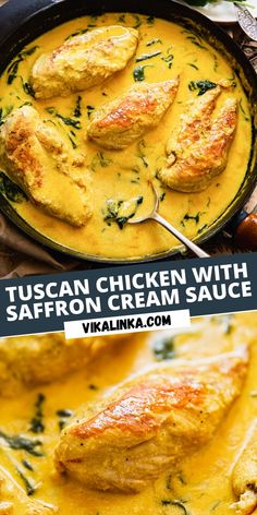 chicken with saffron cream sauce in a skillet