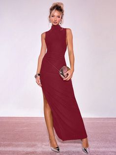 High Neck Satin Maxi Dress Burgundy Elegant  Sleeveless Knitted Fabric Plain Bodycon High Stretch  Women Clothing, size features are:Bust: ,Length: ,Sleeve Length: Recital Outfit, Black Box Braids, Satin Bodycon Dress, Lace Braid, New Years Outfit, Cropped Leather Jacket, Bandeau Dress, Satin Maxi, Satin Maxi Dress