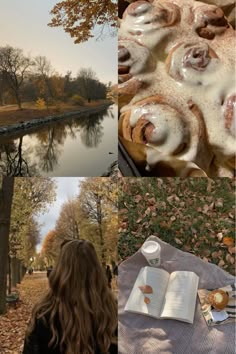 there is a collage of pictures with food and trees in the background, along with an open book on a picnic table