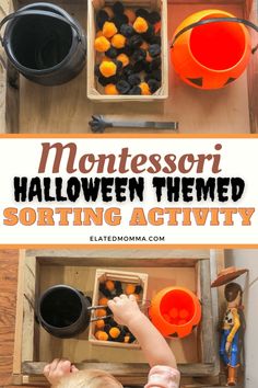 a child is playing with halloween themed sorting activity