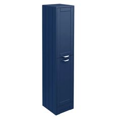 a tall blue cabinet with two drawers on the front and one door open to reveal an empty drawer