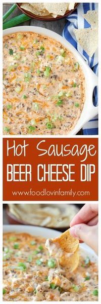 hot sausage beer cheese dip in a white bowl with tortilla chips