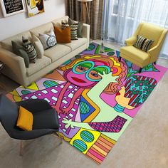 a brightly colored rug in the middle of a living room