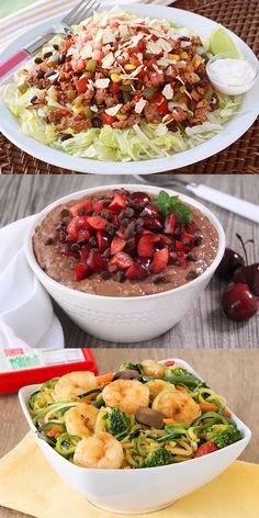 three different bowls filled with food on top of a table