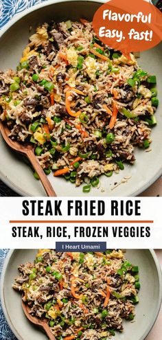 steak fried rice with vegetables in a skillet