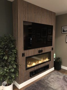 a living room with a large television and fireplace in the center, surrounded by potted plants