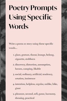 a pink poster with black and white text that reads poetry prompts using specific words