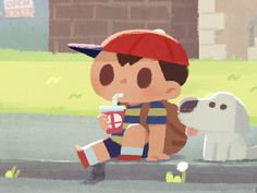 a boy sitting on the ground next to a dog and holding a drink in his hand