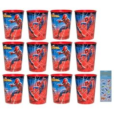 the amazing spiderman plastic cups are lined up