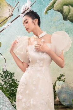 Wanda Mandarin Neck Ao Dai – MEAN BLVD Elegant Puffy Dresses For Spring, Spring Wedding Dresses With Balloon Sleeves, Apricot Blossom, Mean Blvd, White Tone, Lesbian Wedding, Peach Flowers, Puffy Sleeves, S Models