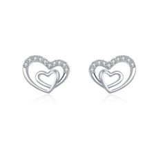 Double Heart CZ  Stud Silver Earrings, Minimalist Jewelry, Push Back Perfect gift for anniversary, christmas, bridesmaid, birthday, graduation, wedding, engagement, best friend, mom and sister. Pendent Set, Diamond Bracelet Design, Gift For Anniversary, Bracelet Design, Mom And Sister, Double Heart, Earrings Minimalist, Design Silver, Creative Arts