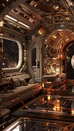 the interior of a space station with lights on